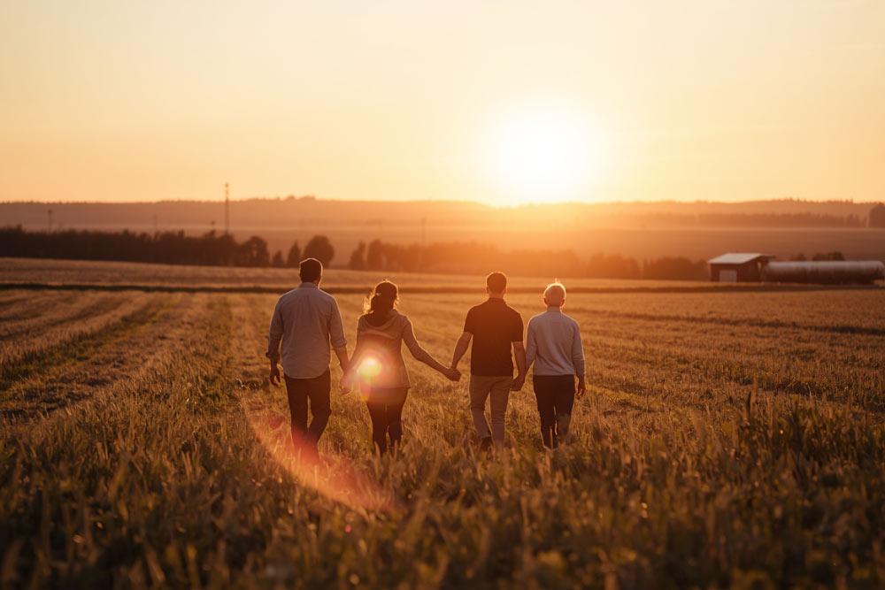 family of four holding hands, walking on field at sunset